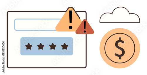 Login form with warning signs, dollar coin, and cloud symbolizing financial risk, data security, and system alerts. Ideal for cyber safety, alert, risk, finance data technology cloud storage