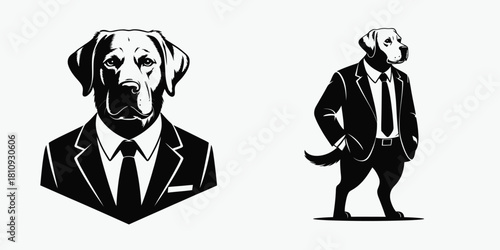 Full-body Labrador Retriever dog wearing a business suit with an angry expression — corporate enterprise, entrepreneurship, and management line art vector perfect for finance and office-themed illustr