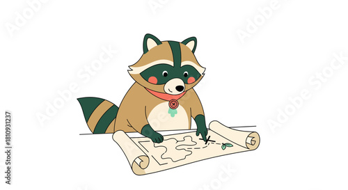 Cute raccoon adventurer studying a treasure map for an exciting quest, ready for discovery and fun