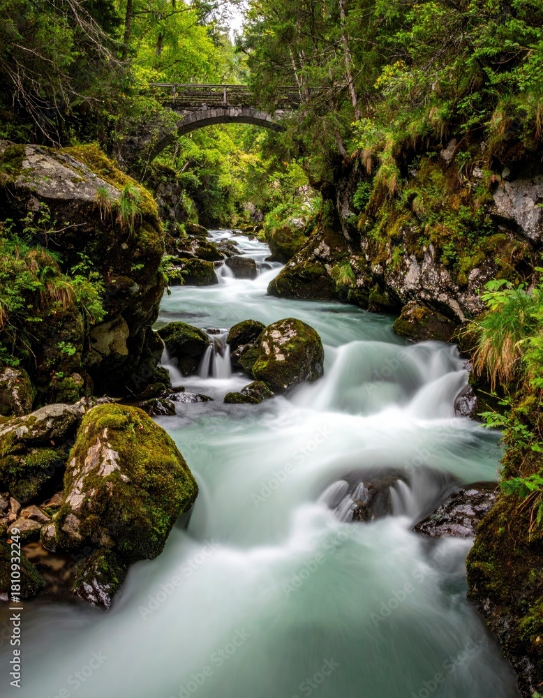 Fototapeta premium Serene River Flowing Under Stone Bridge in Lush Green Forest.