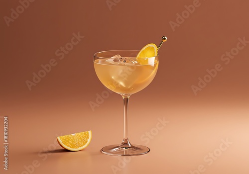 Elegant cocktail in coupe glass with orange garnish on warm background