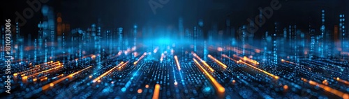 Futuristic ai driven financial management fintech platform concept. Abstract digital landscape with vibrant glowing lines and lights.