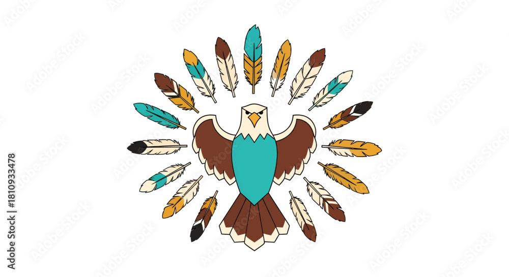 Obraz premium Powerful eagle emblem surrounded by vibrant feathers symbolizing freedom, strength, and natural beauty for impactful designs