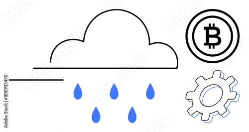 Cloud releasing blue droplets next to Bitcoin and a gear, symbolizing cloud computing, cryptocurrency, and innovation. Ideal for technology, blockchain, finance, data, economy automation