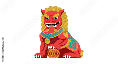 Vibrant red guardian lion statue with ornate gold mane and patterned saddle, symbolizing protection and prosperity.