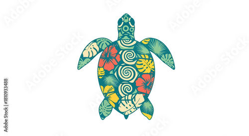 Vibrant tropical sea turtle adorned with hibiscus flowers and monstera leaves brings island vibes to any design project.