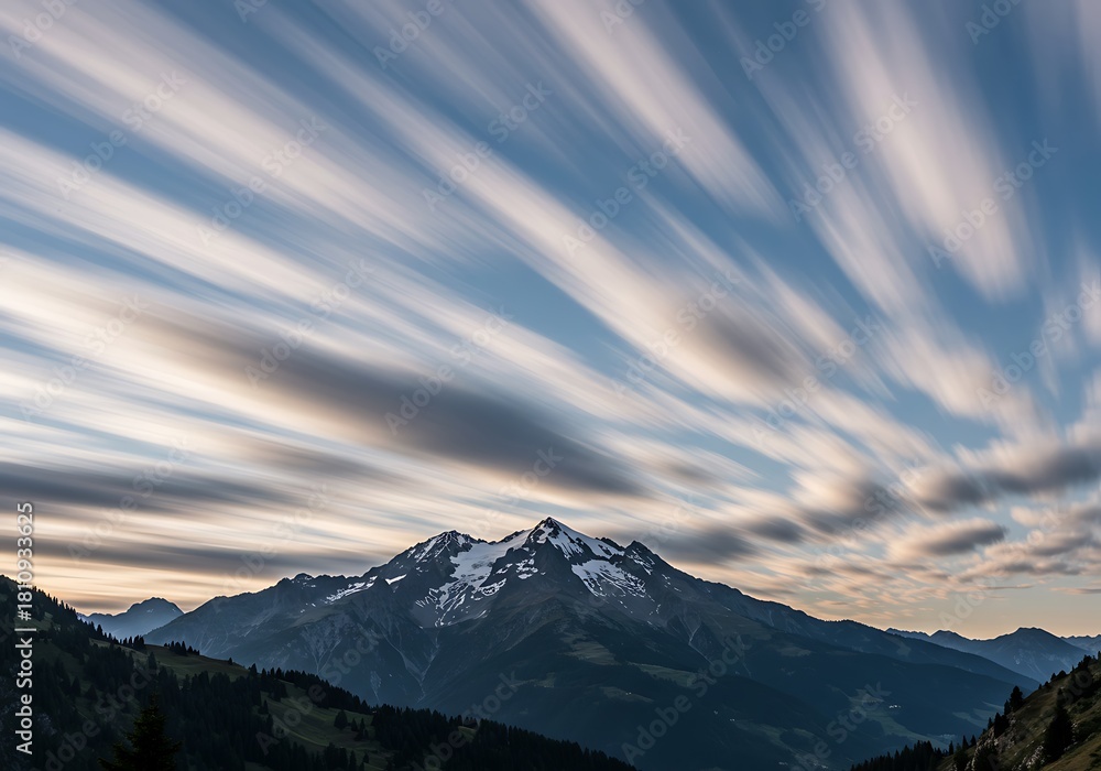 Obraz premium Majestic mountain range under a dynamic sky with long exposure clouds