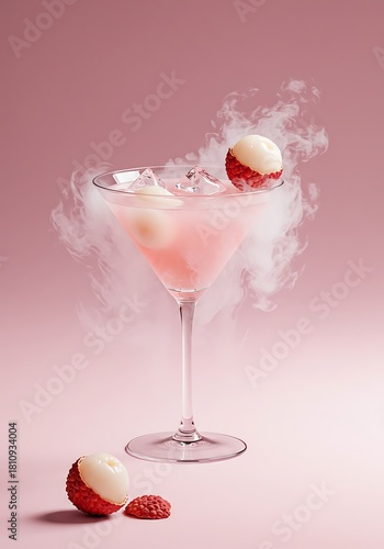 Elegant cocktail with lychee and smoke against pink background