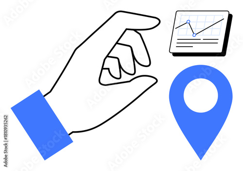 Hand pinching to select an analytics graph near a location pin, representing data insight, decision-making, analytics, geolocation, targeting, navigation, planning. Ideal for business simple flat