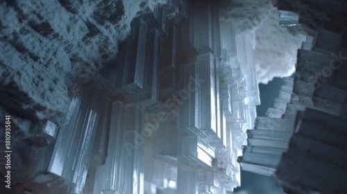 A mesmerizing macro shot inside a crystal cave. Translucent, rectangular salt or ice crystals jut out from the walls, emphasizing geology, purity, and coldness.