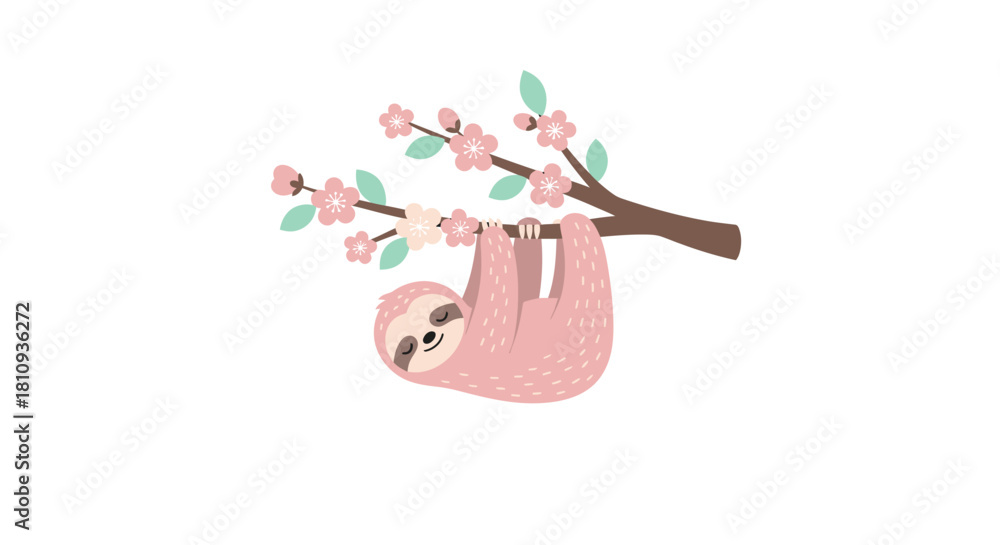 Fototapeta premium Adorable pink sloth sweetly sleeping on a blooming cherry blossom branch in gentle spring sunlight