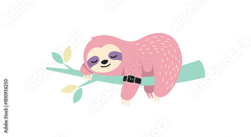 Adorable pink sloth sleeping peacefully on a pastel branch wearing a smartwatch, perfect for wellness and relaxation themes