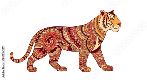 Intricate mandala patterned tiger design in warm earthy tones, evoking strength and artistry for unique creative projects.