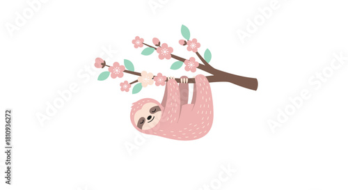 Adorable pink sloth sweetly sleeping on a blooming cherry blossom branch in gentle spring sunlight