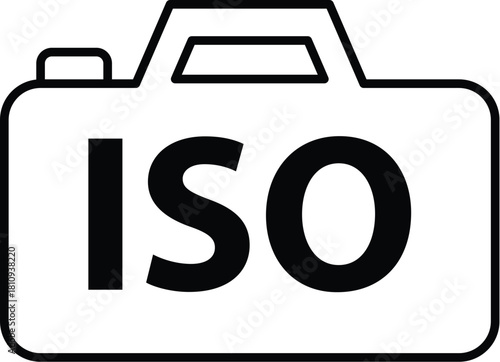 Black and white icon representing a camera with the text iso