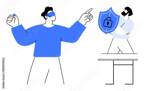 Two figures interacting, one using VR gestures, the other holding a shield with a lock. Ideal for teamwork, VR technology, cybersecurity, innovation, data protection, digital interaction simple flat