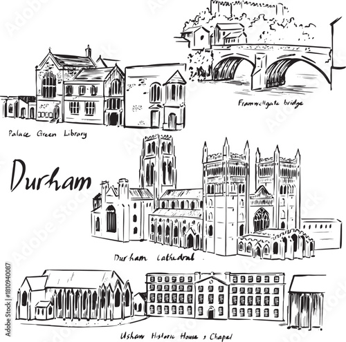 Ink illustration of Durham landmarks — Cathedral, Palace Green Library, Framwellgate Bridge, Ushaw Historic House, architectural sketch, black-and-white ink illustration. For cultural projects.