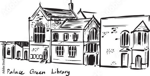 Palace Green Library illustration — classic British collegiate architecture. Minimalist black-ink drawing emphasizing texture and symmetry. Ideal for academic publications or heritage projects