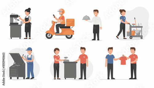 Vector Illustrations of Service Industry Workers in Action