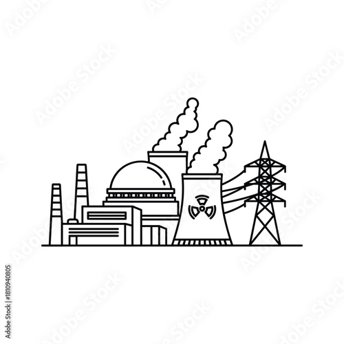 Industrial power plant with cooling towers and transmission lines