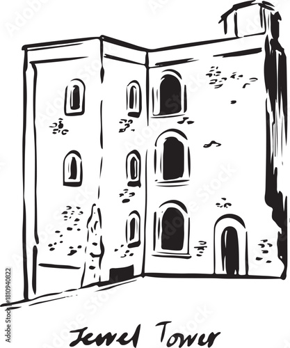 A monochrome ink illustration of the Jewel Tower in Westminster, showing its medieval stone form, narrow windows, and fortified character in expressive architectural line work.