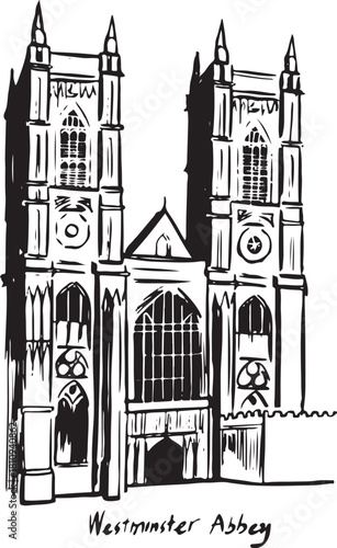 A detailed black-ink architectural sketch of Westminster Abbey, capturing its Gothic towers, ornate façade, pointed arches, and historic character in expressive hand-drawn line art.