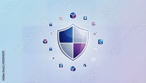 Shield icon with security symbols floating around it on light background