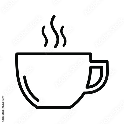 Simple line art icon of a steaming coffee cup