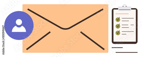 Large envelope, profile icon, checklist with marked items. Ideal for email, messaging, communication, task organization, productivity digital correspondence office work. Clean flat metaphor