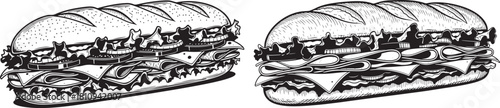 Two delicious sub sandwiches in a black and white silhouette