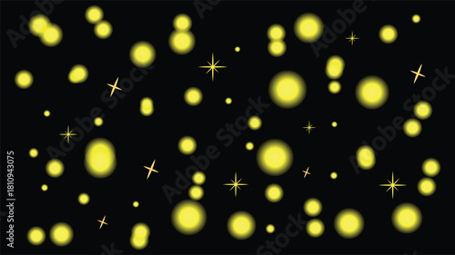 Abstract background of glowing orbs and stars on a black canvas