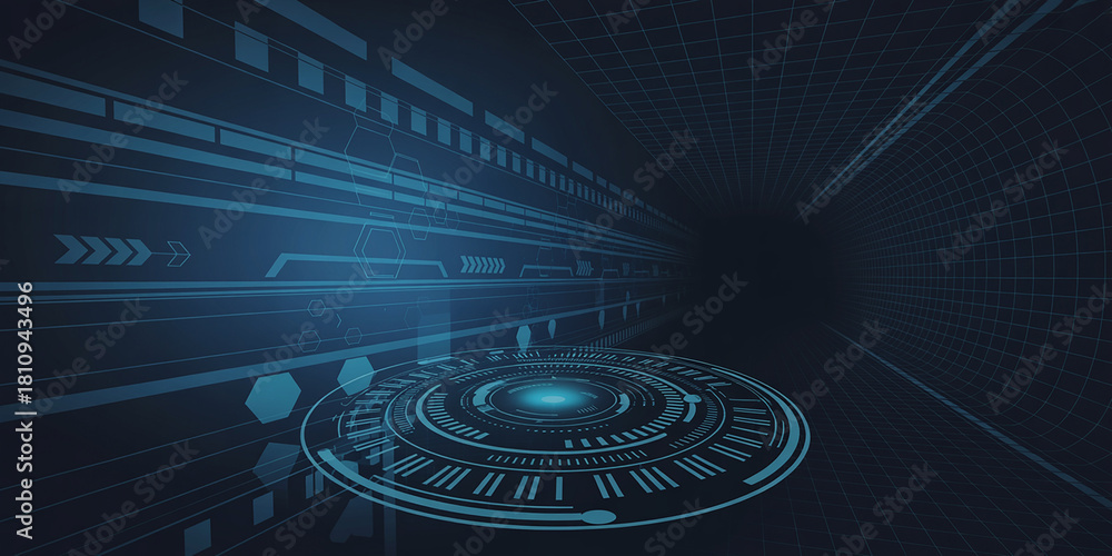 Fototapeta premium Futuristic digital blue technological tunnel with circular interface and grid pattern abstract