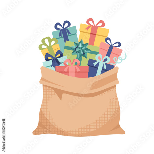 Bag filled with colorful gifts and wrapped presents on white background  