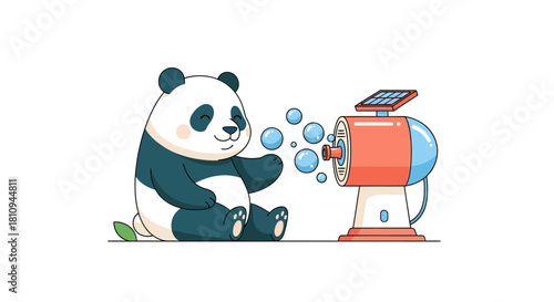 Adorable panda blowing bubbles with a solar powered bubble machine, ideal for children’s illustrations, eco-friendly themes, and sustainability education.