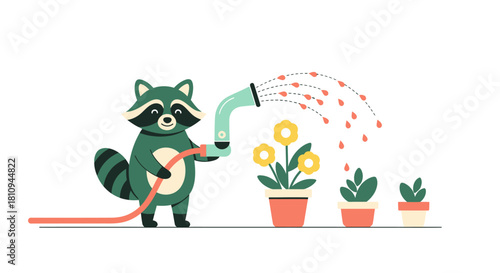 Adorable raccoon watering flowers in pots, bringing life and joy to your designs, perfect for spring projects and charming illustrations for kids