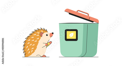 Adorable hedgehog looking at recycling bin with curious eyes, promoting econ friendly habits and environmental awareness in a fun, engaging way