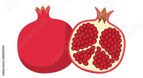 A vibrant illustration of a whole and halved pomegranate fruit