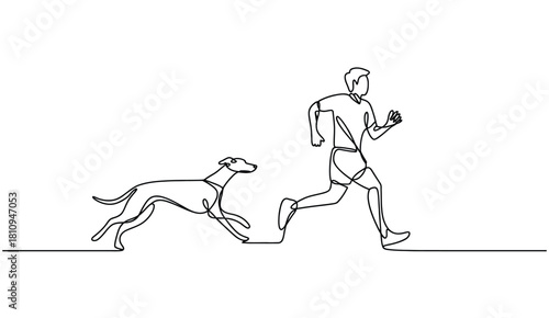 Continuous line vector of people fleeing from aggressive dogs, hand-drawn single line style — suitable for posters, cartoons, humorous content, and vector storytelling illustrations.