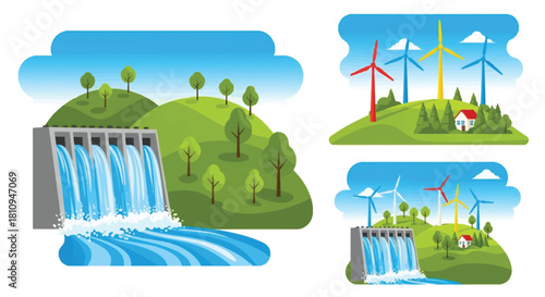 Renewable energy sources wind turbines hydroelectric dam and green landscape illustration