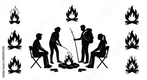 Silhouettes around a campfire depict people enjoying an outdoor evening
