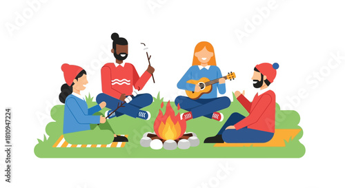 Friends enjoying a cozy campfire with music and marshmallows outdoors