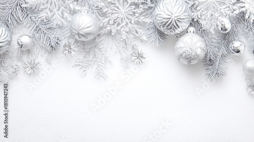 White Christmas background with silver decorations, soft snow accents, and elegant silver baubles, ribbons, and festive ornaments creating a pure, magical winter holiday scene.