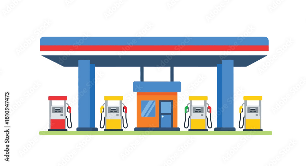 Fototapeta premium Colorful illustration of a gas station with multiple fuel pumps and a small building