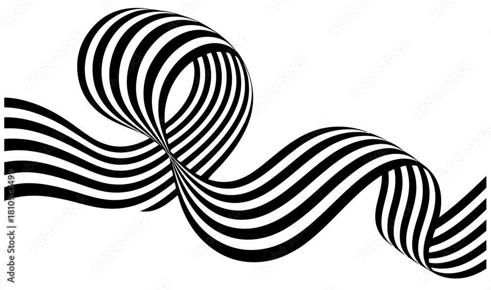 Obraz premium A bold black striped ribbon curves in a flowing sine wave across a white canvas, conveying motion, rhythm, and modern abstraction suitable for design, graphic art