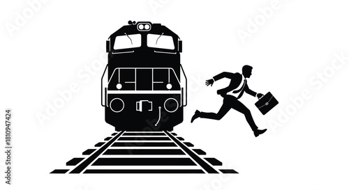 A silhouetted train confronts a running businessman with a briefcase