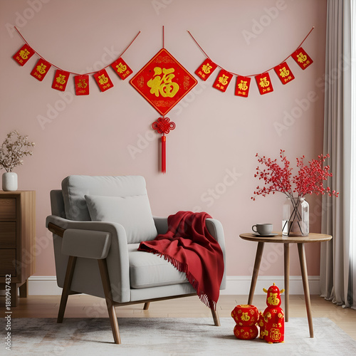 Cozy living room decorated for chinese new year with festive ornaments