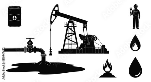 Oil industry icons pumpjack barrel worker valve and oil spill symbols