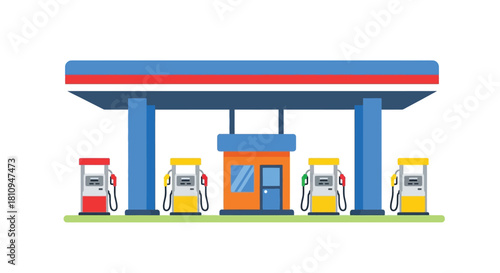 Colorful illustration of a gas station with multiple fuel pumps and a small building