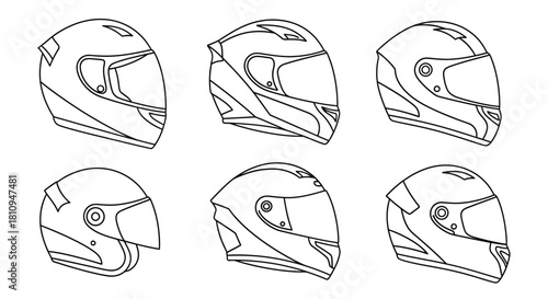 Detailed line art illustration of six motorcycle helmets in various views