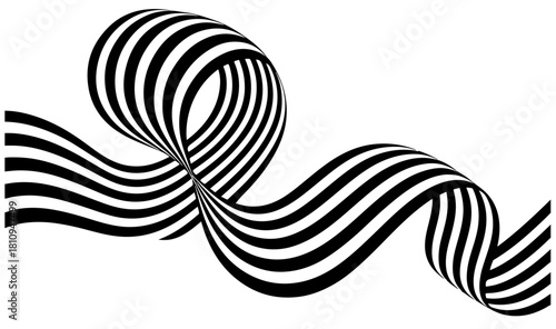  A bold black striped ribbon curves in a flowing sine wave across a white canvas, conveying motion, rhythm, and modern abstraction suitable for design, graphic art